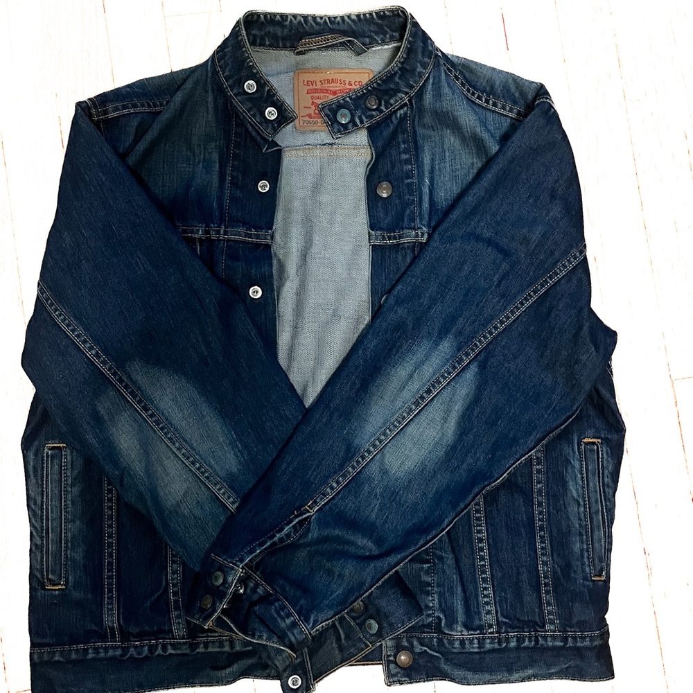 Levi's Classic Blue Denim Collarless Jacket with Tan Stitching